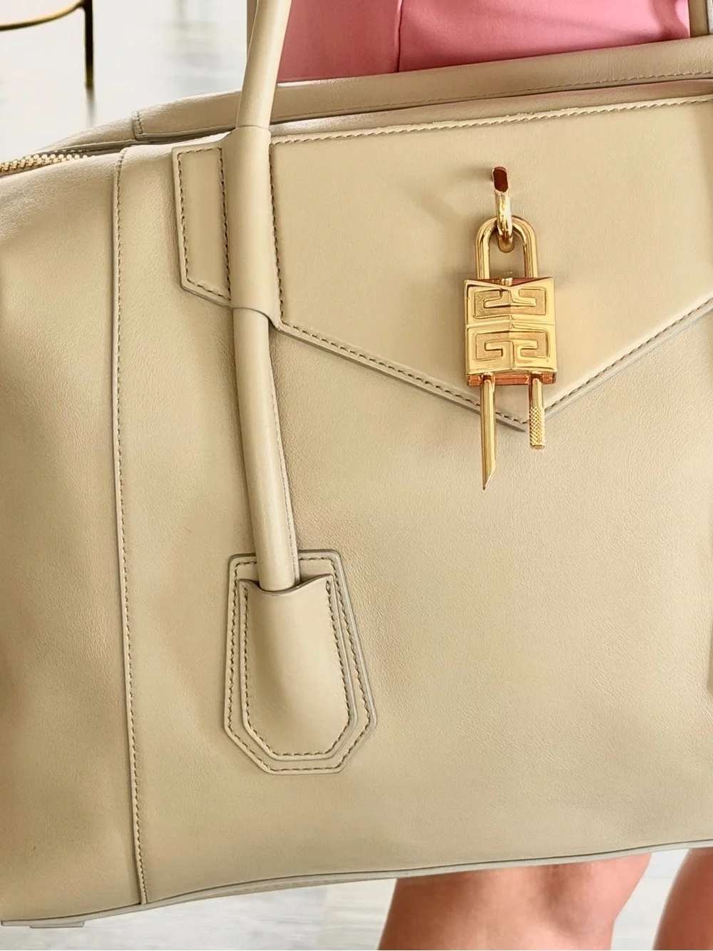 Givenchy Beige Leather Antigone Lock Soft Medium Bag Tote with Gold Hardware